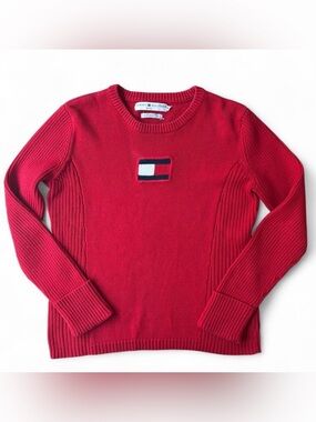 Tommy Hilfiger Red Ribbed Knit Sweater Center Flag Logo Size M